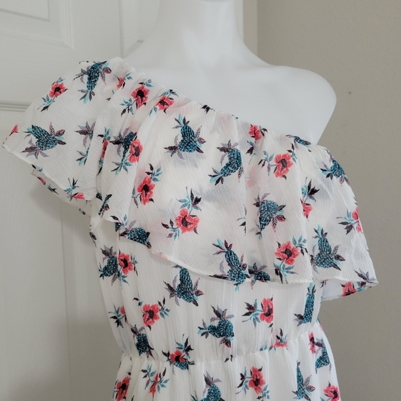 Club Monaco KellBee Silk Dress 6 NWT One Shoulder Ruffle Tropical Pineapples - Picture 4 of 16